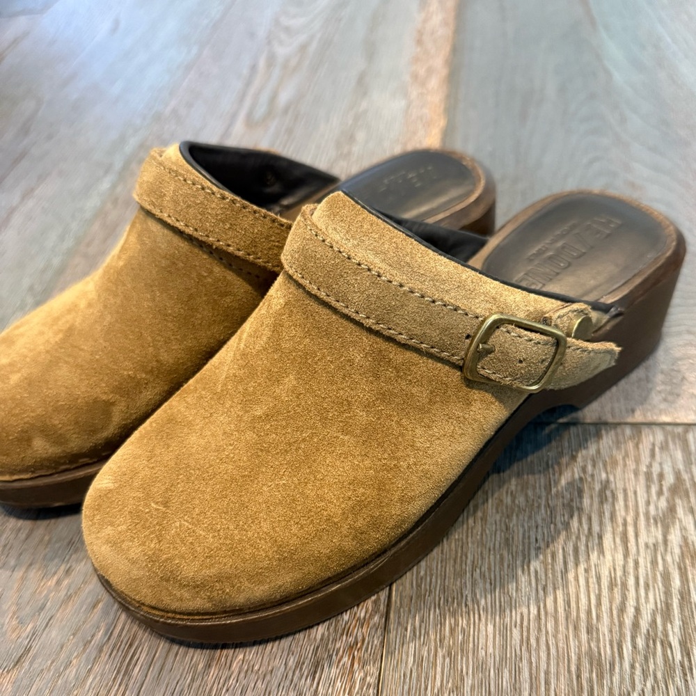 Redone Tan Suede Clog Mules with Buckle Strap